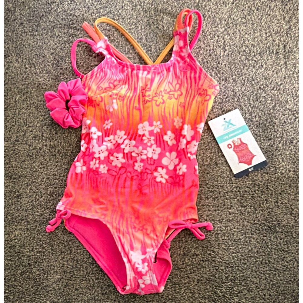 Xhilaration Girls Pink Floral One-Piece Swimsuit Size 6X with Scrunchie NWT A4